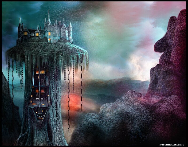 Floating Castle on Cliff — Green, Dramatic