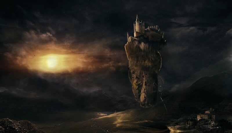 Floating Castle on Rock — Black, Dramatic