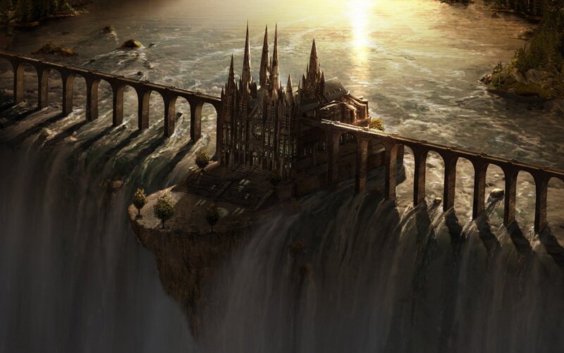 floating castle over waterfall