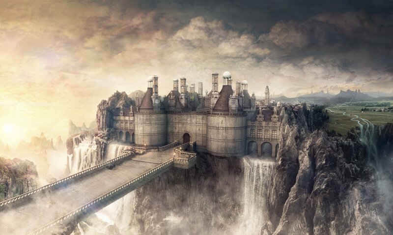 floating castle over waterfalls