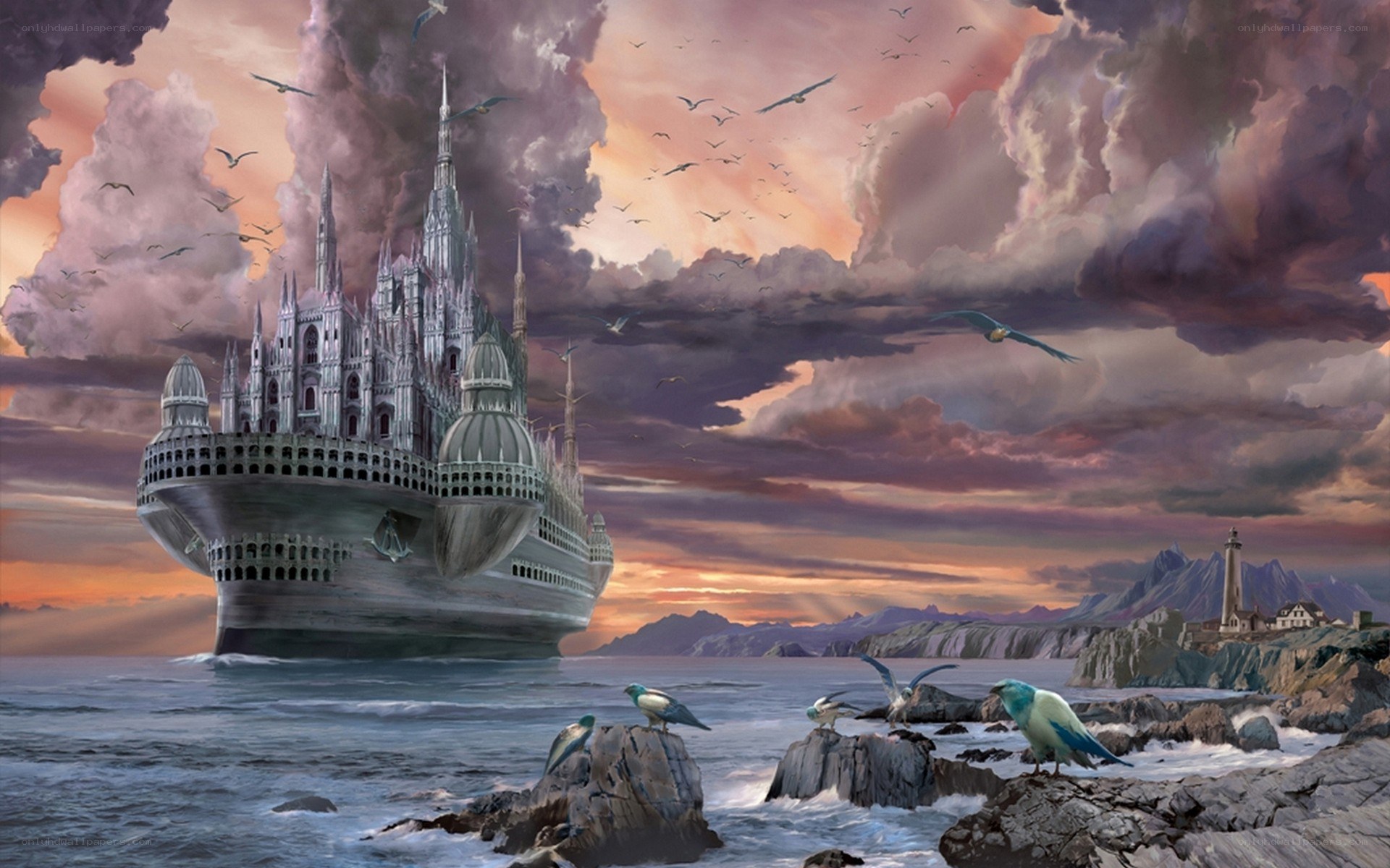 Floating castle ship at sunset
