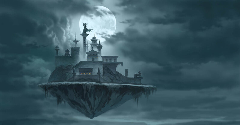 floating castle under moonlight