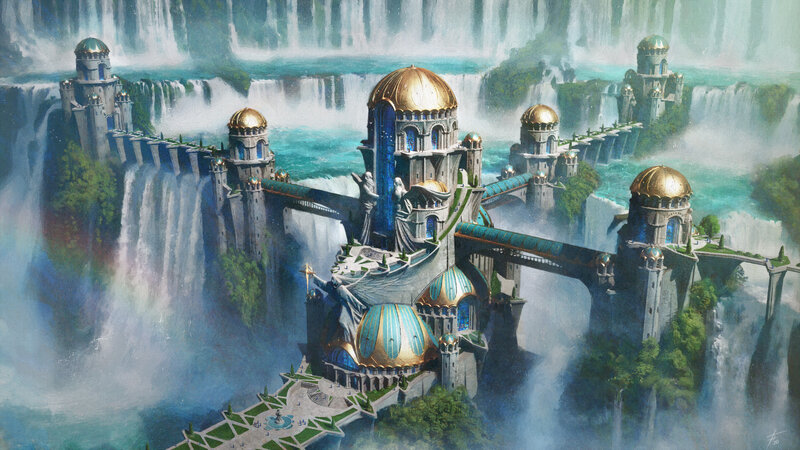Floating Castle with Waterfalls — Blue, Dramatic