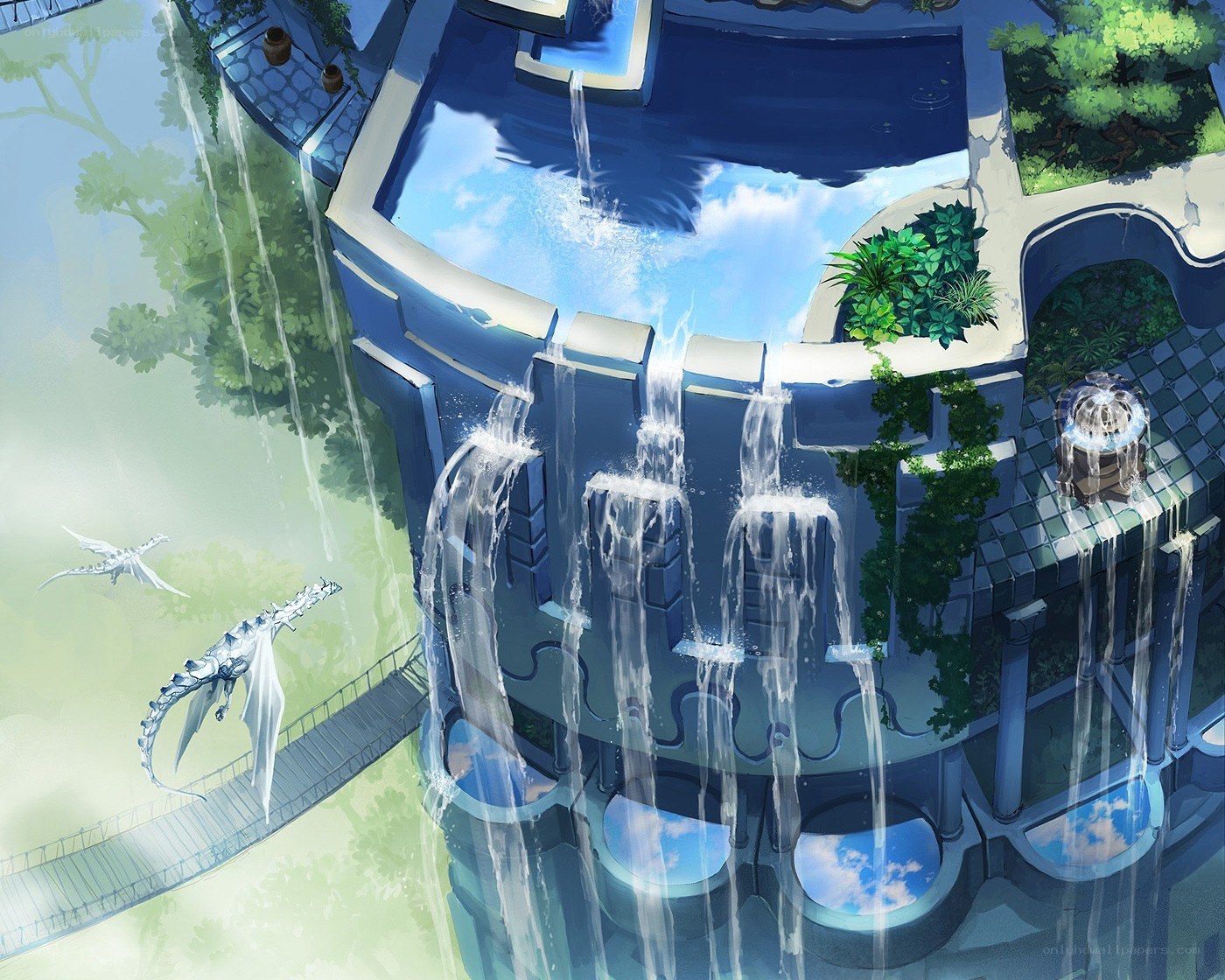 Floating castle with waterfalls