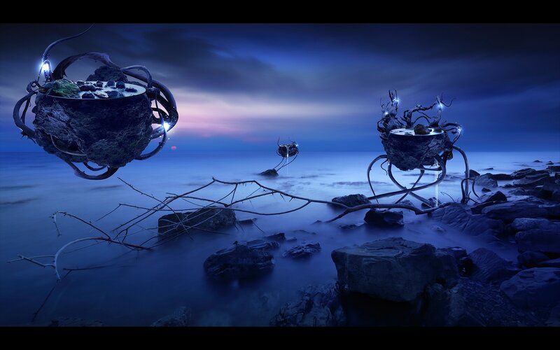 Floating cauldrons on a rocky shore
