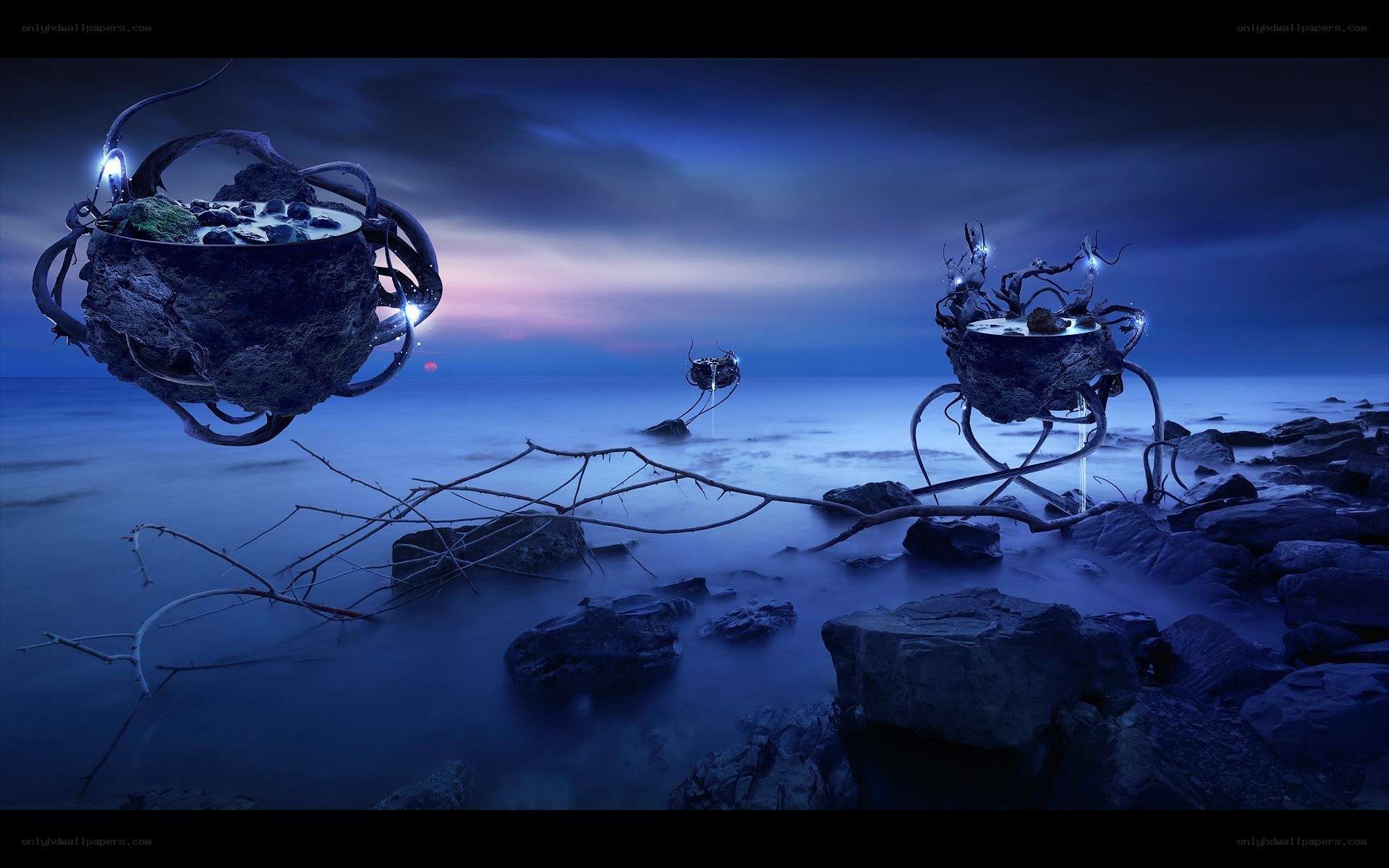 Floating cauldrons on a rocky shore