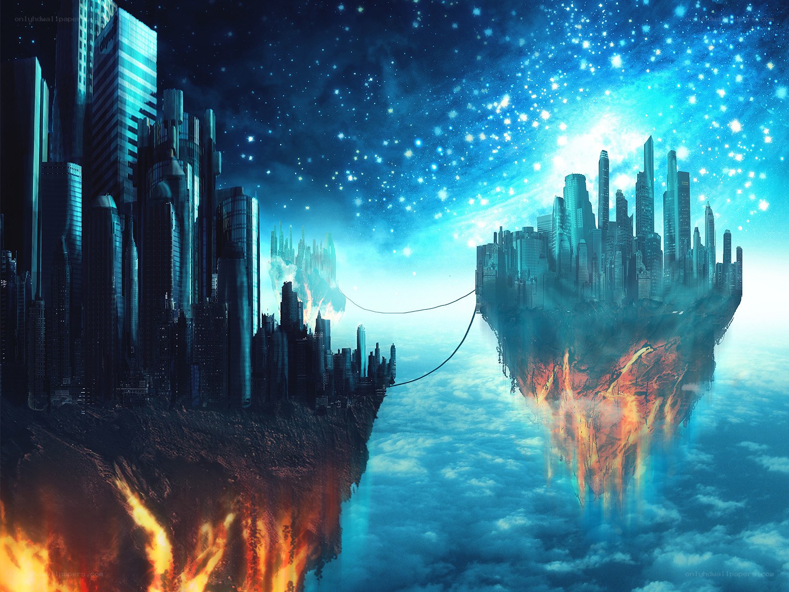 Floating cities in a starry sky