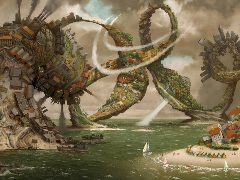 Floating cities in a surreal landscape