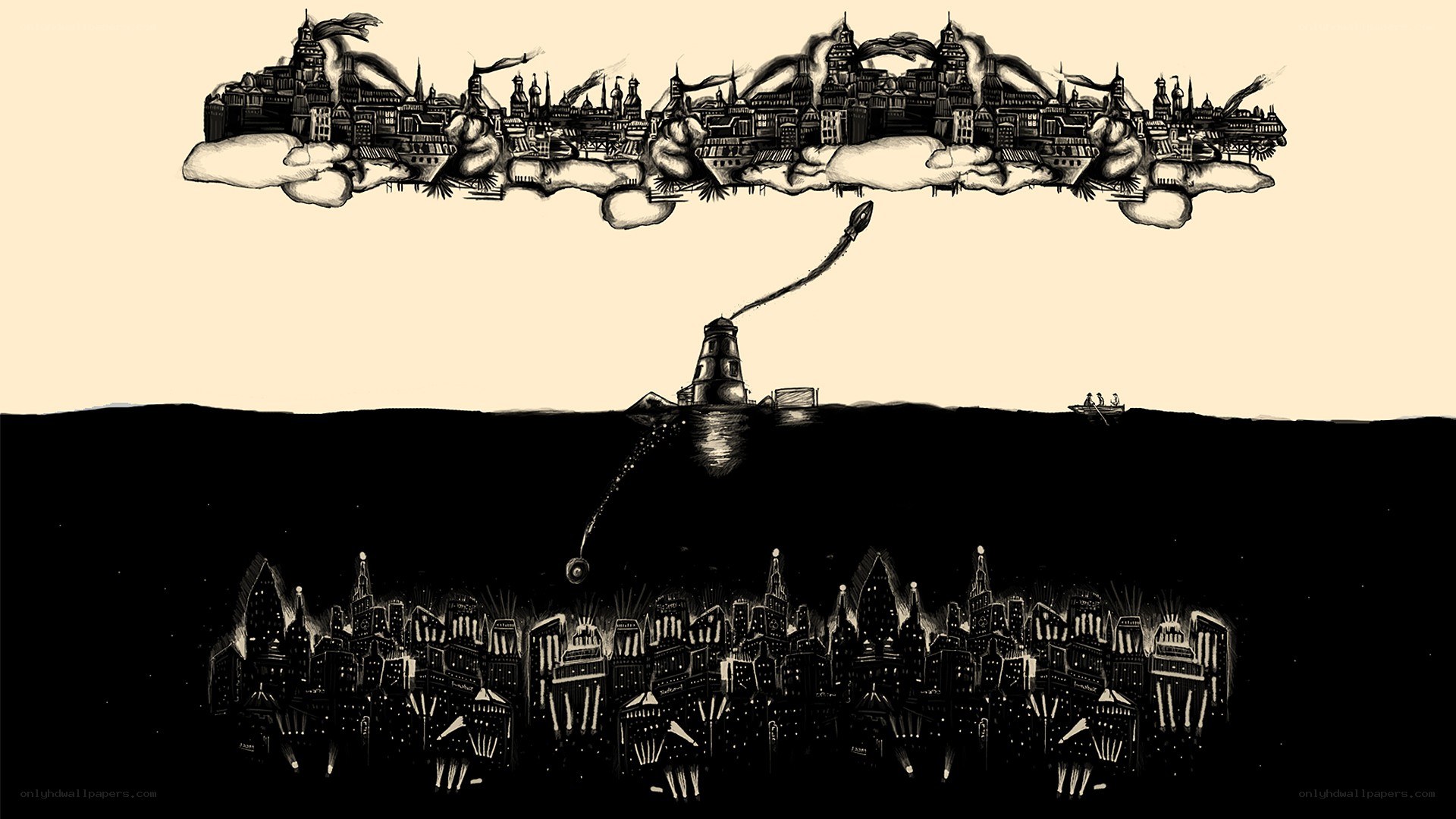 floating city above and below water