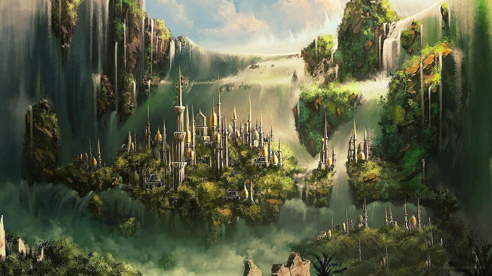 floating city among waterfalls