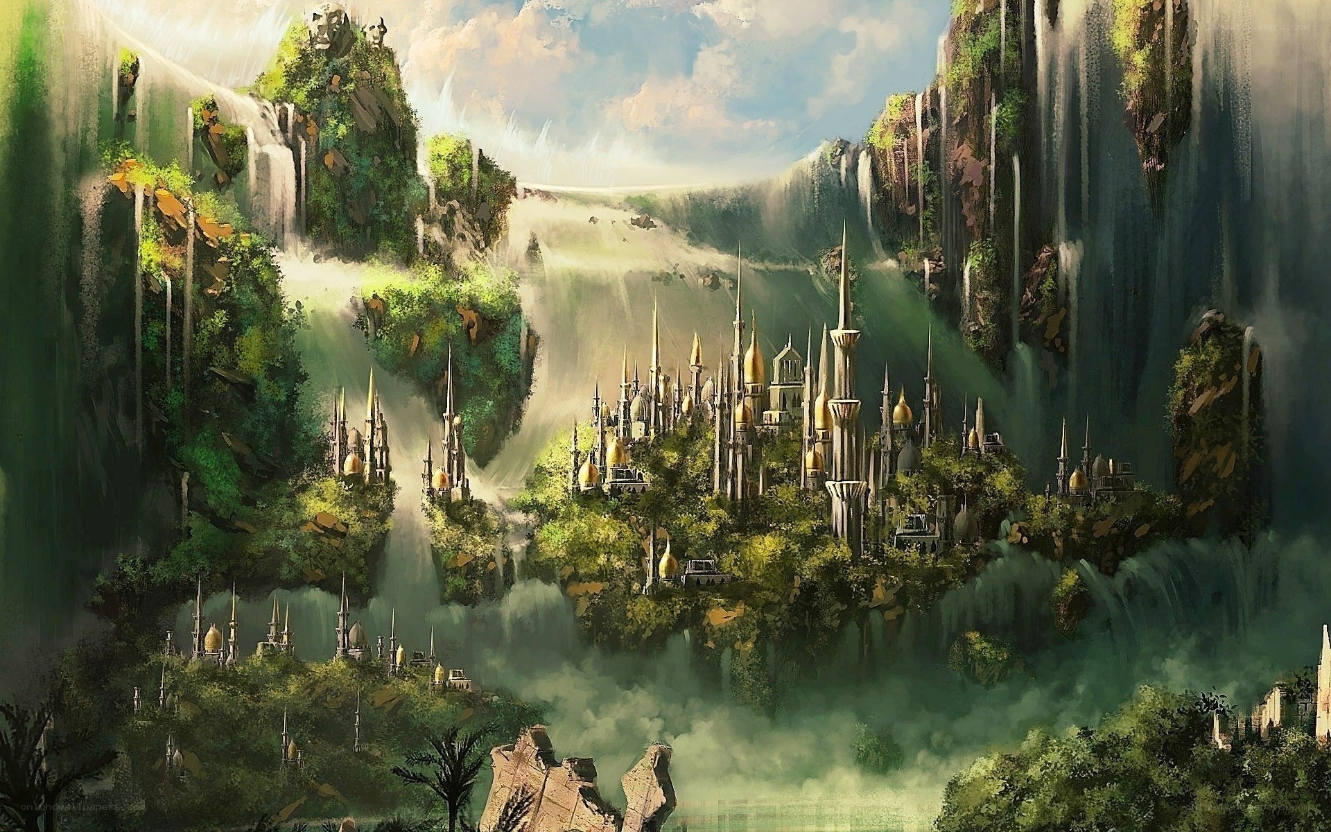 floating city among waterfalls