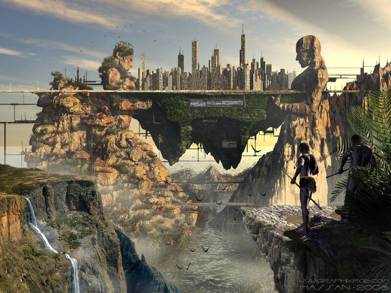 floating city and ancient statues