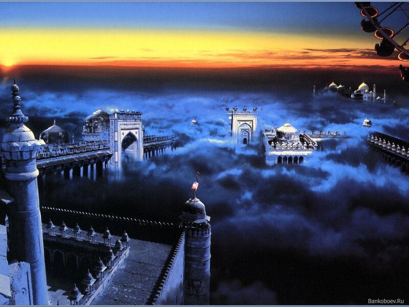 Floating city at sunset
