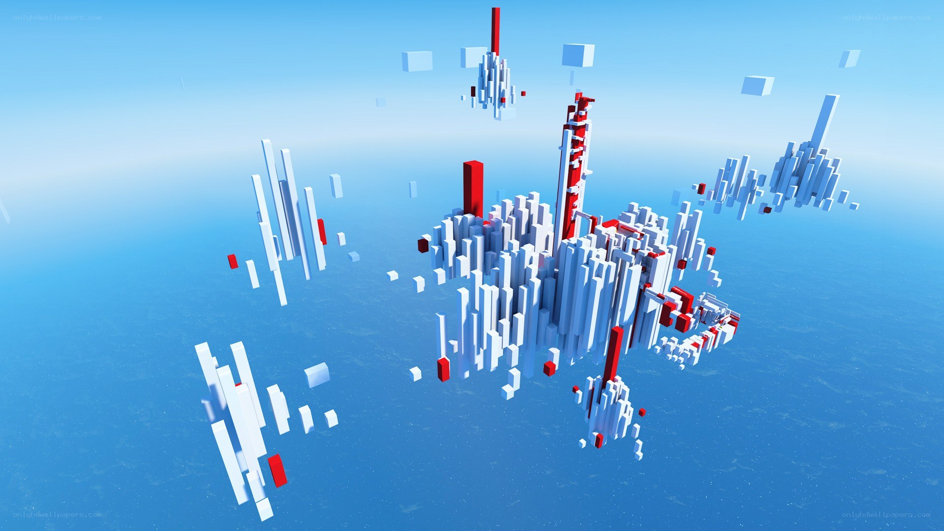 floating city blocks in blue sky
