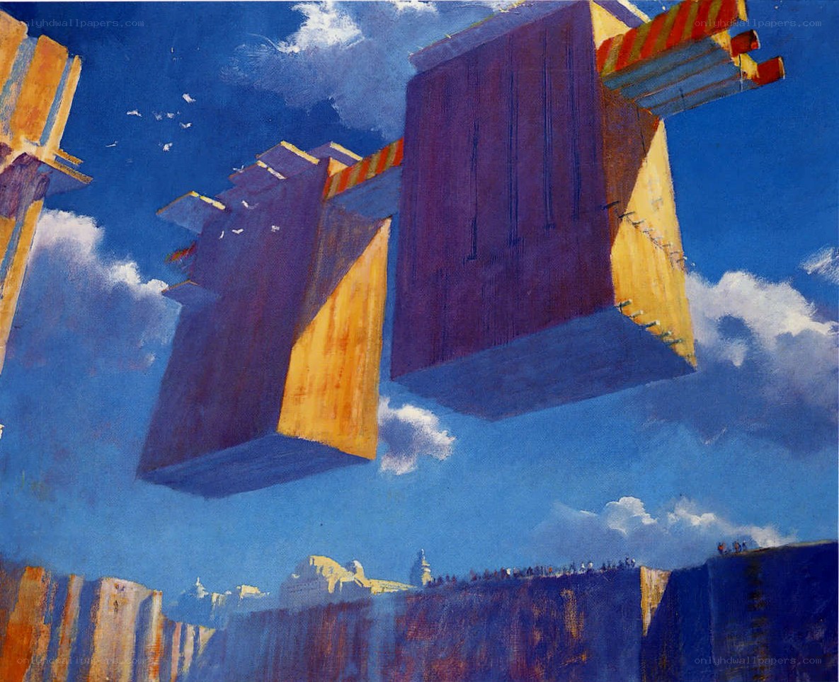 Floating city blocks in blue sky