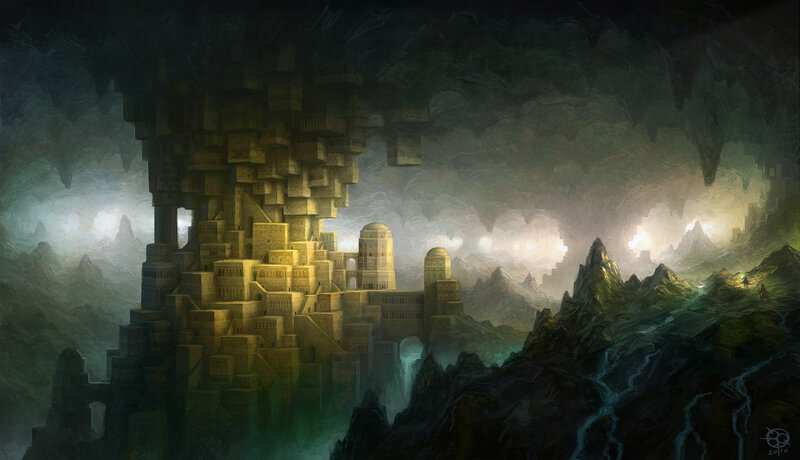 Floating city in a cavern