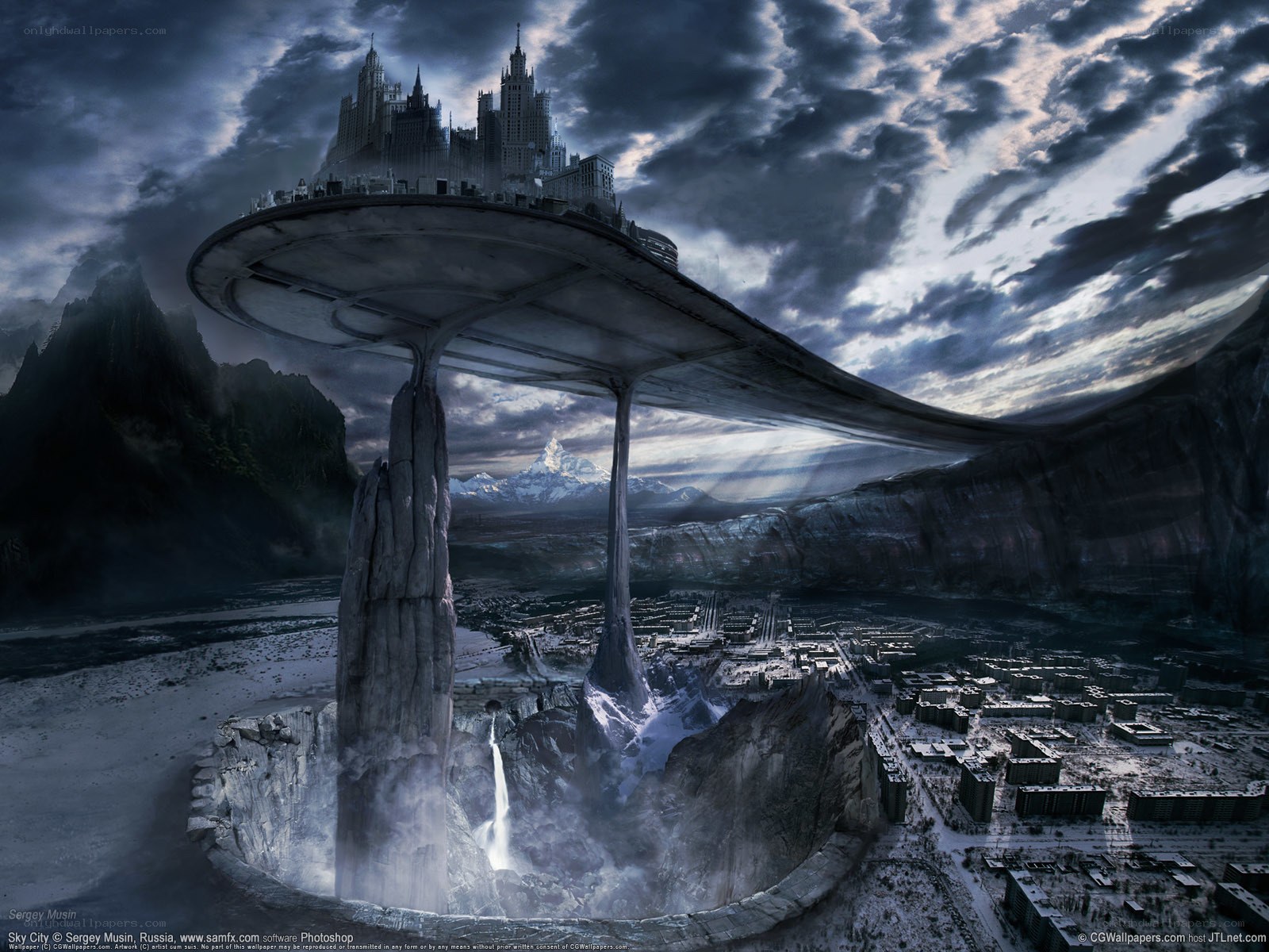Floating city in a dark landscape