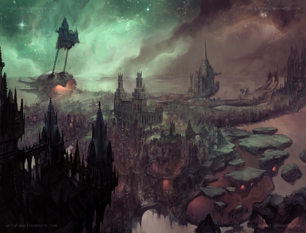 floating city in a dark sky
