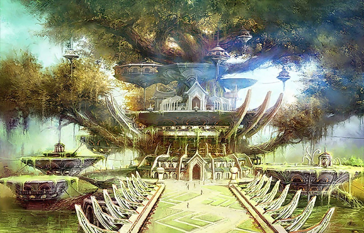 floating city in a forest