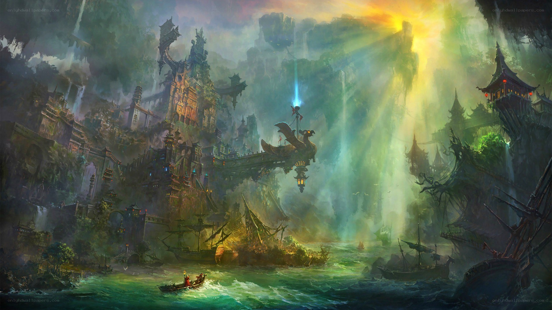 floating city in a misty valley