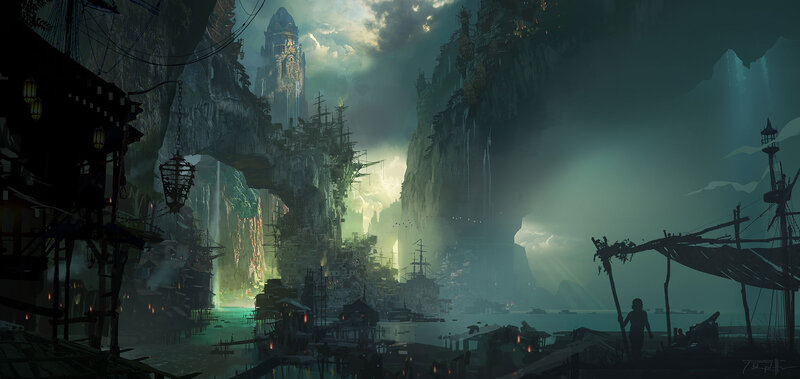 Floating City in Canyon — Green, Dramatic, Night, Digital Art