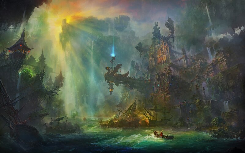 Floating City in Canyon — Green, Dramatic, Sunset, Digital Art