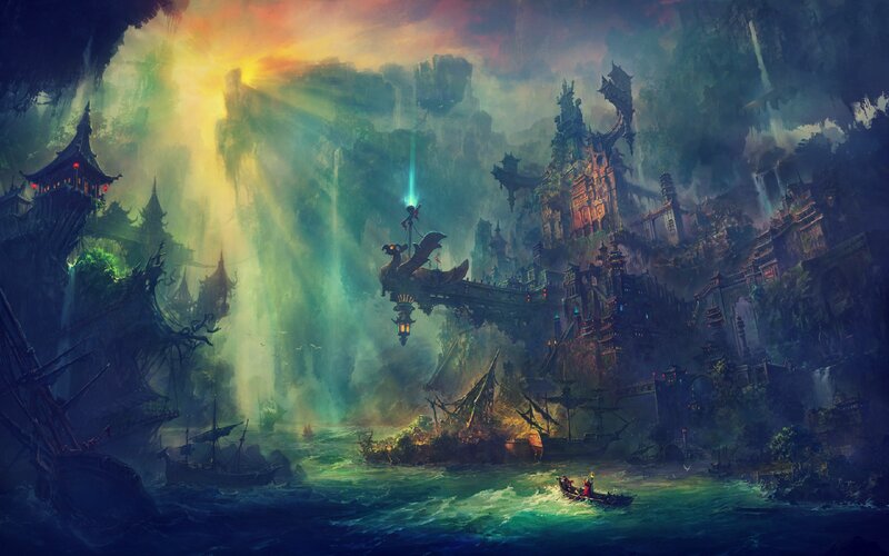 Floating City in Canyon — Green, Dramatic