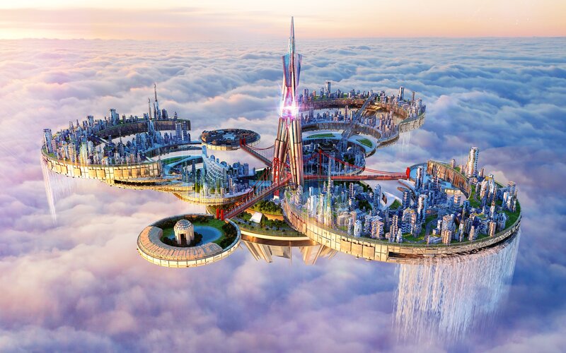 Floating City in Clouds — Blue, Serene, Sunrise