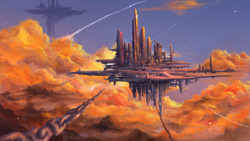 Floating City in Clouds — Orange, Dramatic