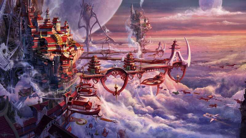 Floating City in Clouds — Purple, Dramatic, Sunset, Digital Art