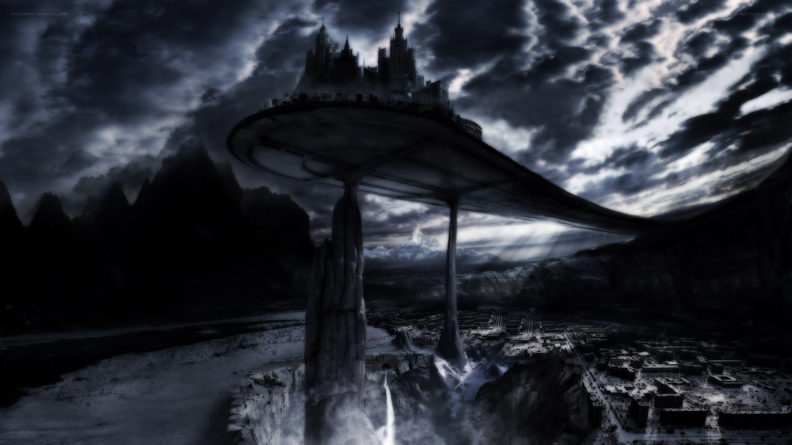 floating city in dark sky