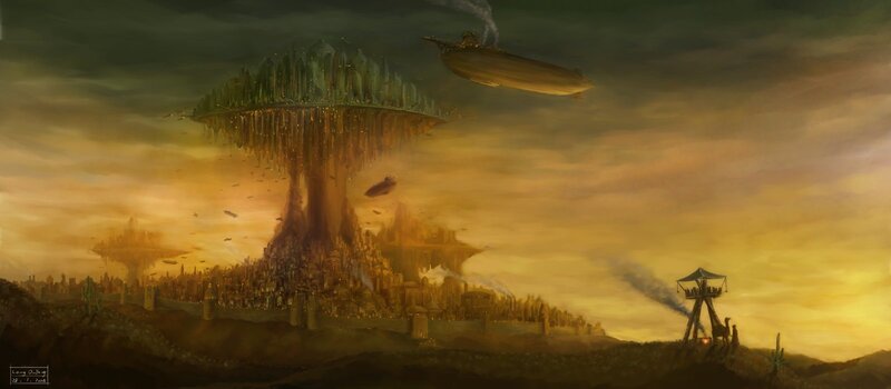 Floating city in desert sky