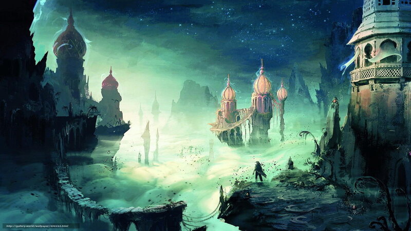 Floating city in misty sky