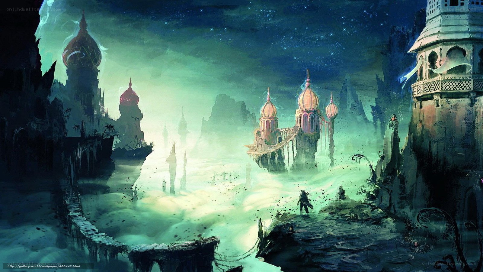 Floating city in misty sky