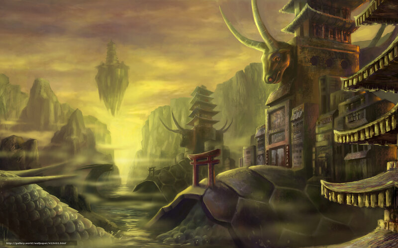 Floating city in misty valley