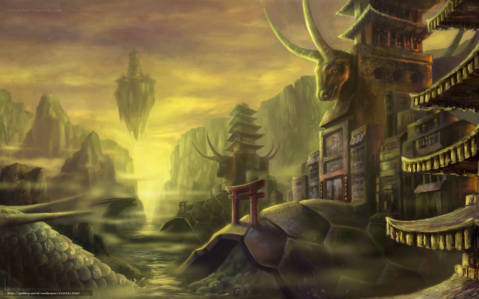 Floating city in misty valley