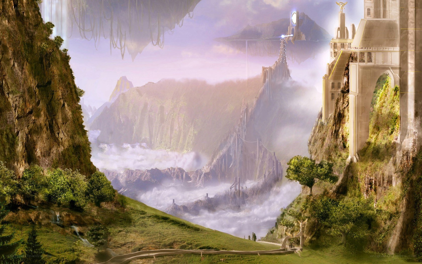 floating city in mountainous landscape