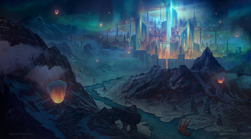 Floating City in Mountains — Blue