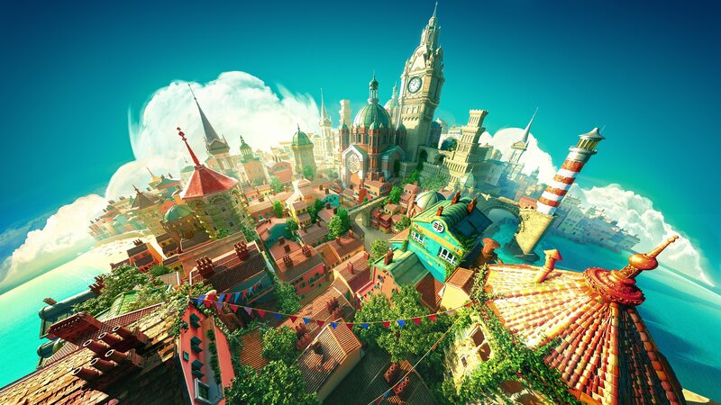 Floating City in Sky — Blue, Fantastical
