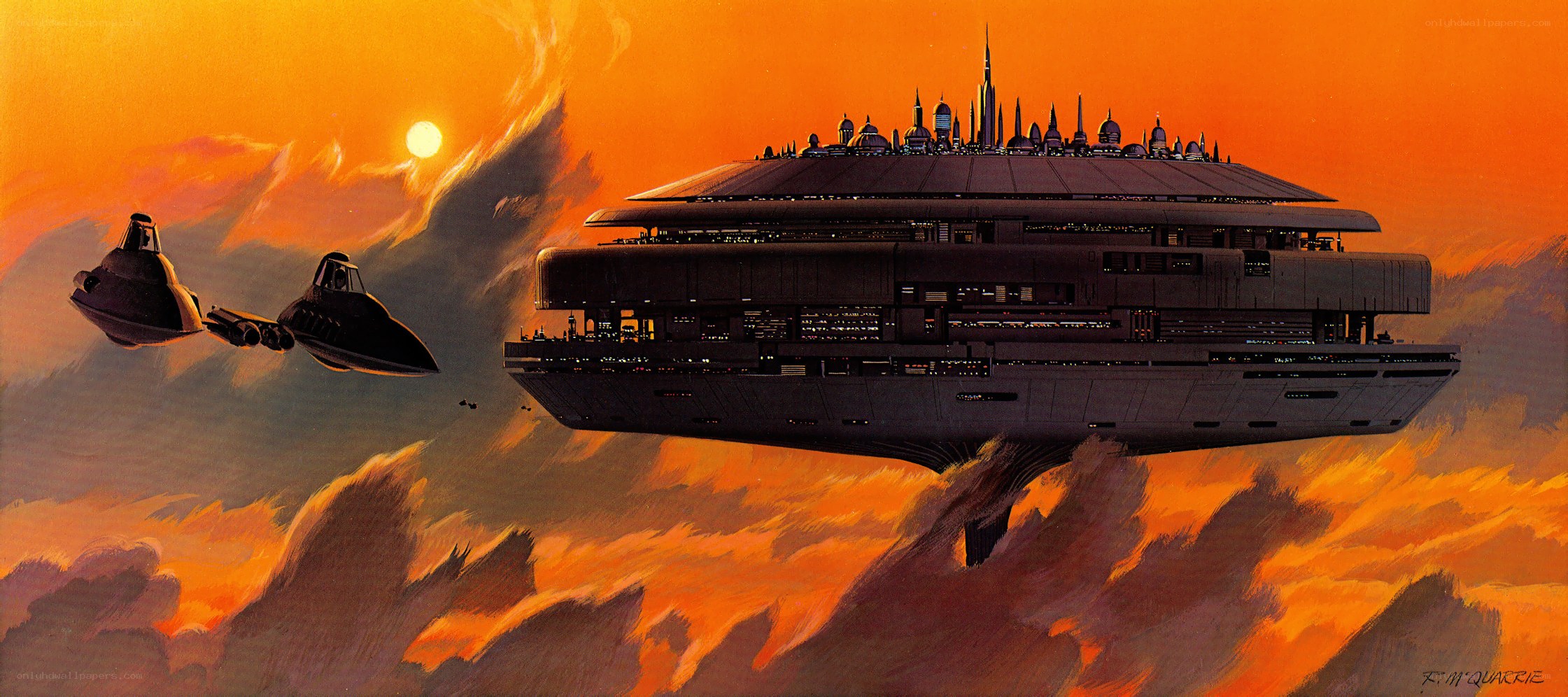 Floating city in sunset sky