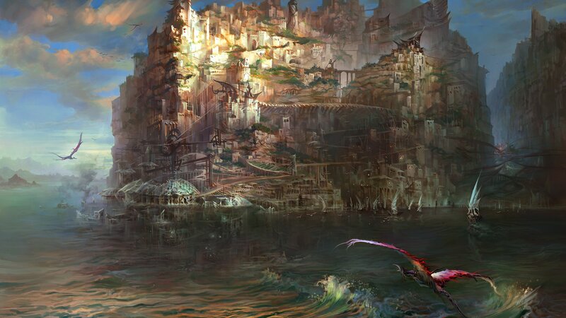 Floating city on a cliff