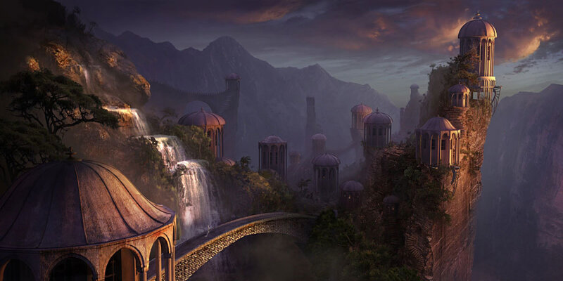 Floating City on Cliff — Purple, Dramatic, Sunset, Digital Art