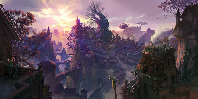 Floating City on Cliffs — Purple, Dramatic