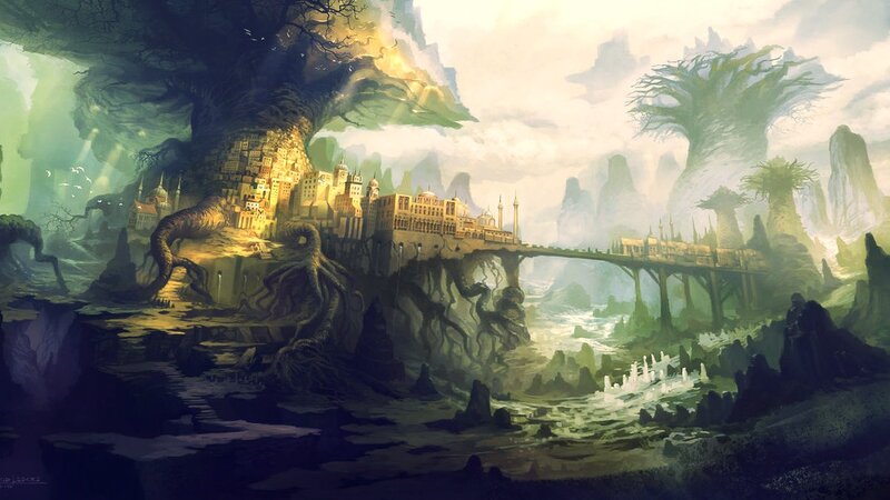 floating city on giant tree