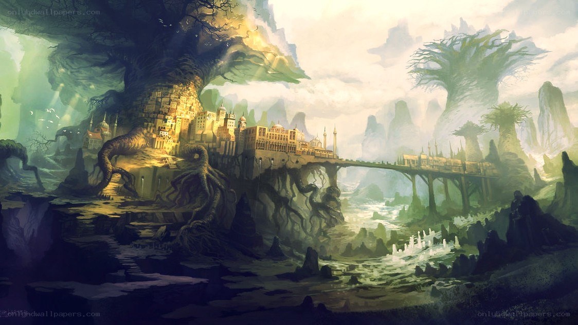 floating city on giant tree