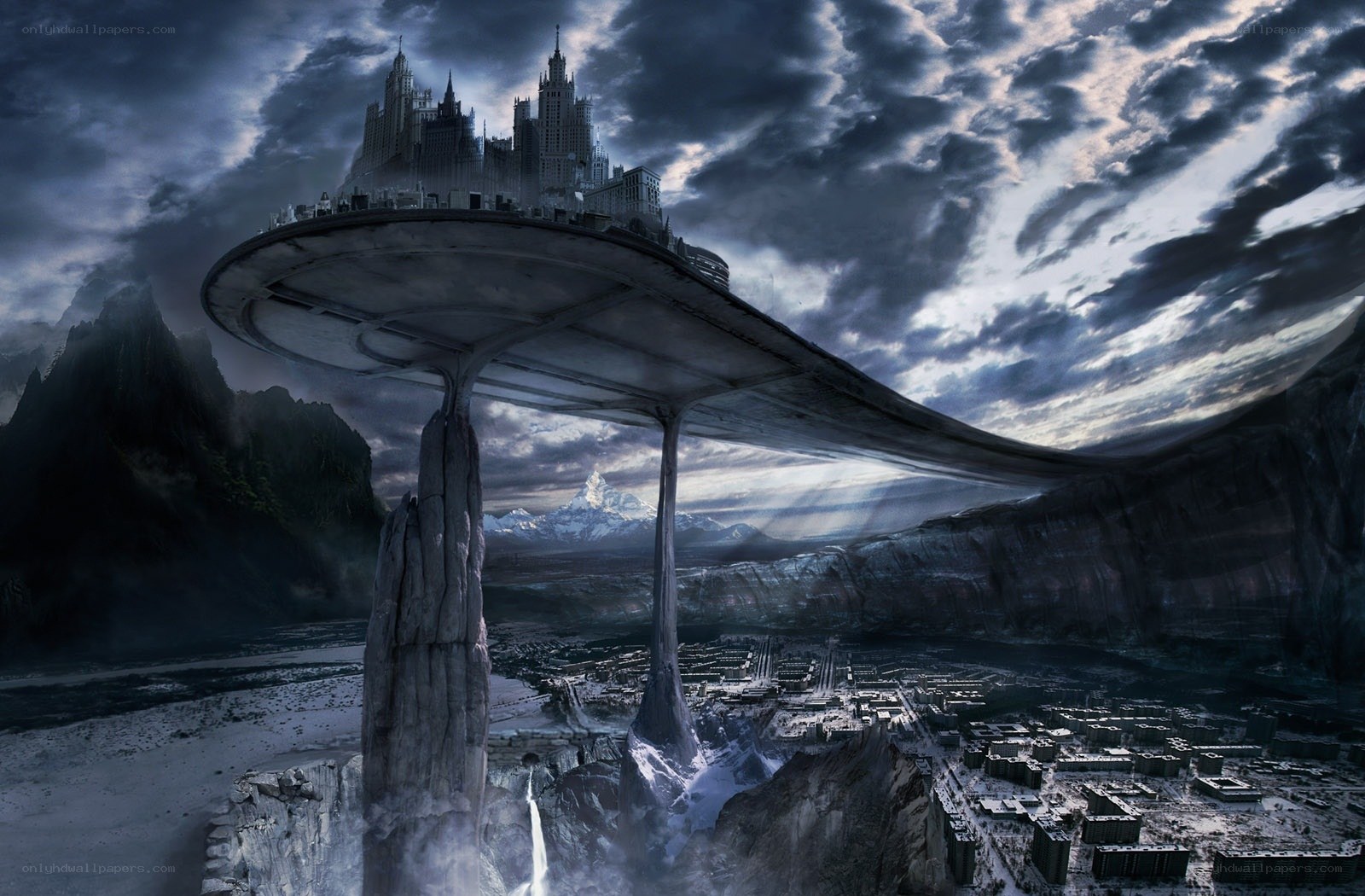 Floating city over canyon