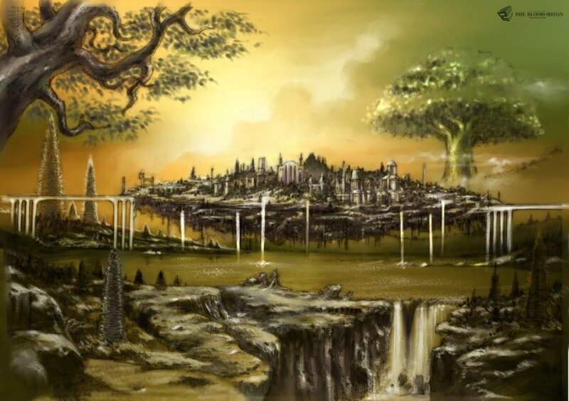 Floating city over canyon