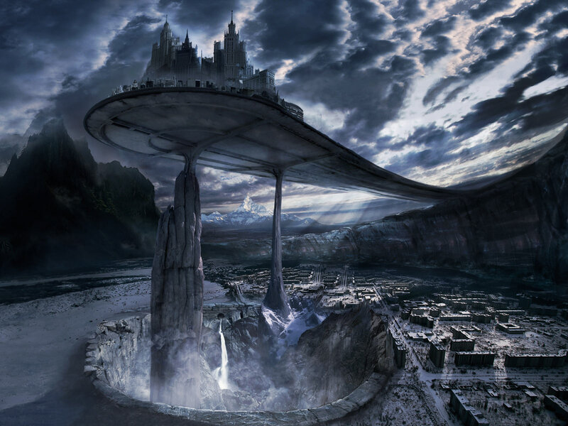 Floating city over canyon