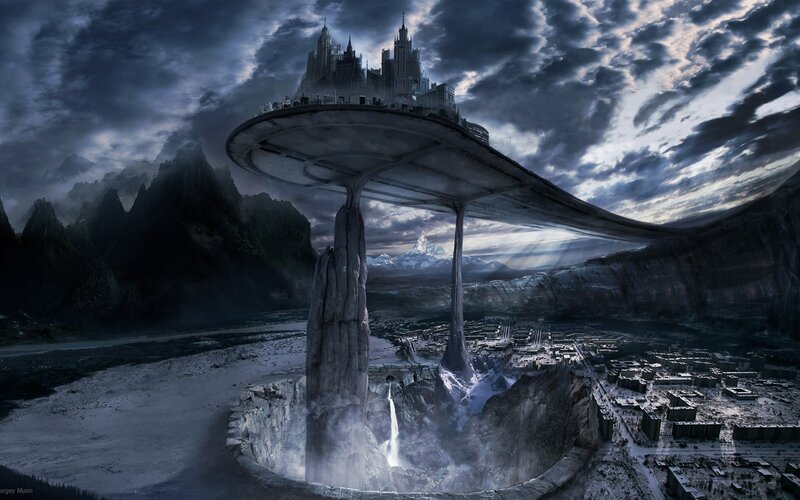 floating city over canyon