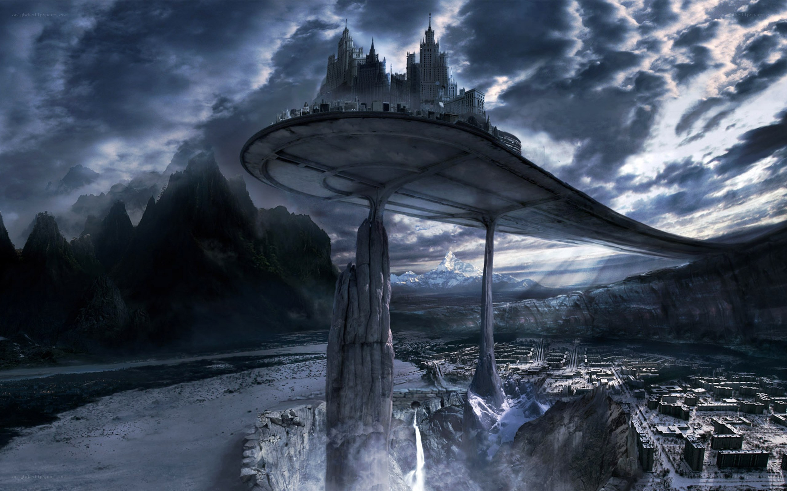 Floating city over mountainous landscape